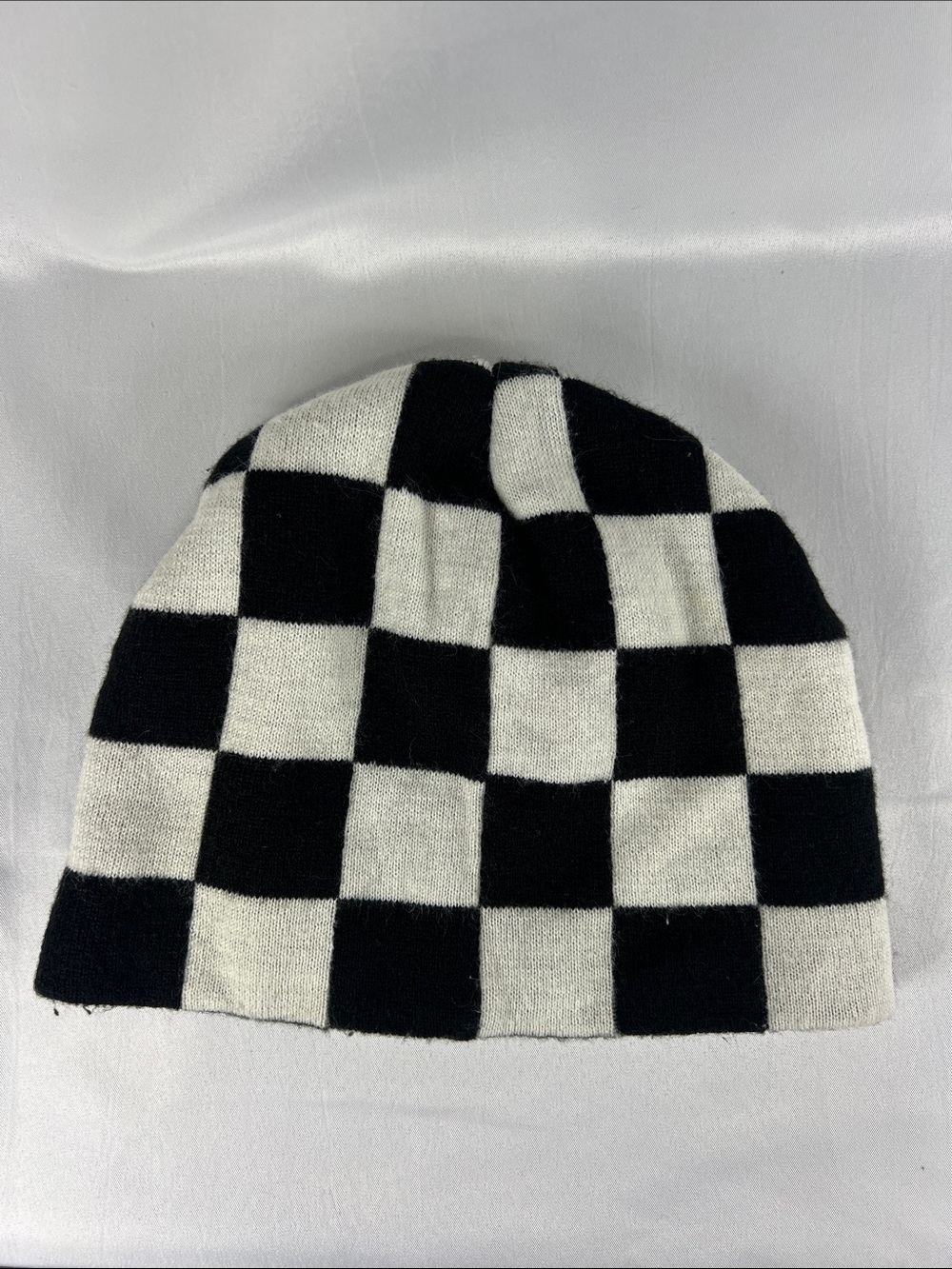 Checker Beanie Knit Hat 7.5” Black White